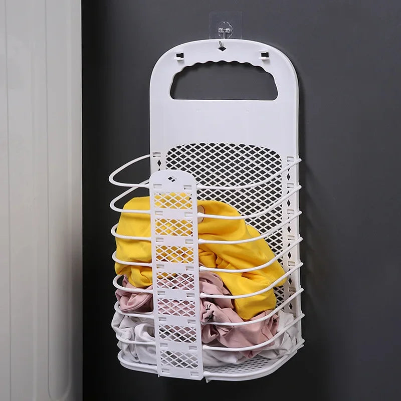 Foldable Plastic Laundry Basket – Wall-Mounted Non-Perforated Clothes Storage for Bathroom