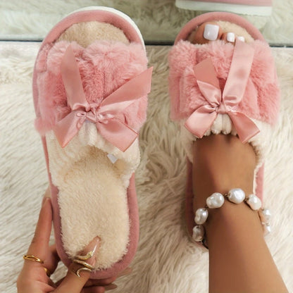 Autumn Winter Plush Bow Slippers – Cute Warm Fluffy Indoor Slides for Women & Men
