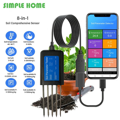 8-in-1 Premium Soil Tester PH EC Meter – 5-Pin Soil Sensor for Temperature, Moisture & NPK Fertility Detection for Farming