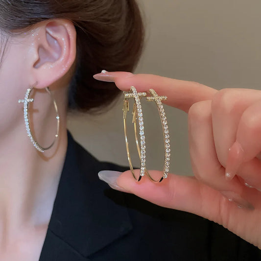 Women’s Shiny Large Circle Cross Hoop Earrings – Rhinestone Geometric High-End Fashion Jewelry