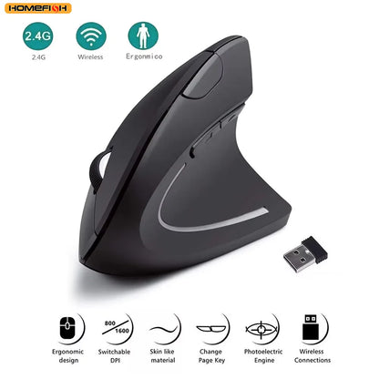 HOMEFISH Ergonomic Wireless Vertical Mouse - 2.4GHz Optical Computer Mouse with Adjustable DPI & 6 Buttons