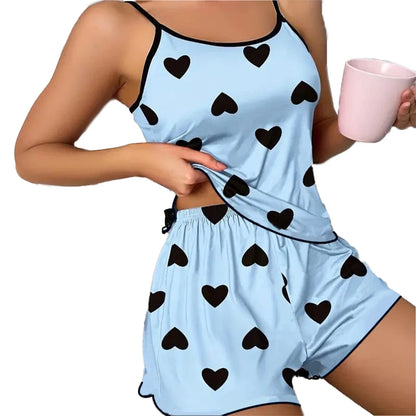 Women’s Pink Heart Pajama Set - Ice Silk T-Shirt & Shorts Casual Summer Sleepwear