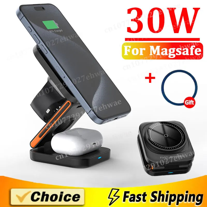 3-in-1 Foldable Magnetic Wireless Charging Station – Fast Charger Stand for iPhone 17–12, Apple Watch & AirPods Pro