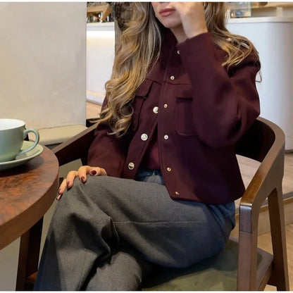 2025 Women's Elegant Long Sleeve Woolen Coat – V-Neck, Single-Breasted Slim Fit Solid Color Office Jacket
