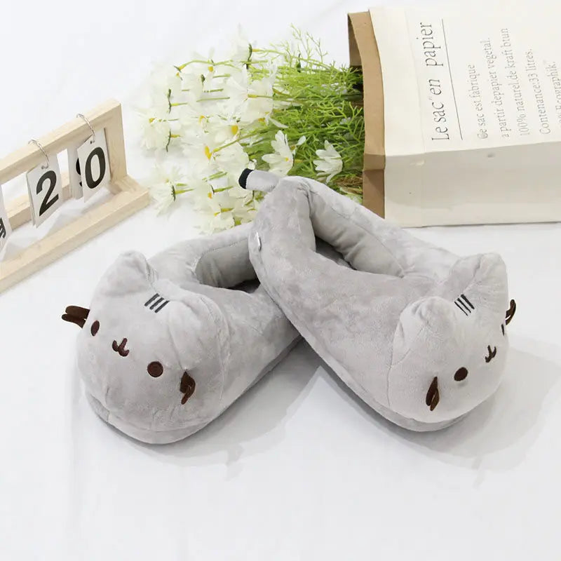 Chubby Gray Cat Plush Slippers - Warm, Fluffy Indoor House Shoes for Men and Women, Cozy Autumn and Winter Couple Gifts