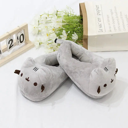 Chubby Gray Cat Plush Slippers - Warm, Fluffy Indoor House Shoes for Men and Women, Cozy Autumn and Winter Couple Gifts