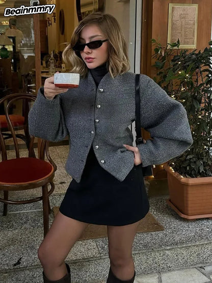 2025 Women's Elegant Long Sleeve Woolen Coat – V-Neck, Single-Breasted Slim Fit Solid Color Office Jacket