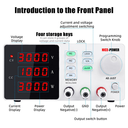 DC Programmable Power Supply — 30V 10A / 60V 5A / 120V Adjustable Laboratory Bench Source with 4-Set Memory Storage Functions