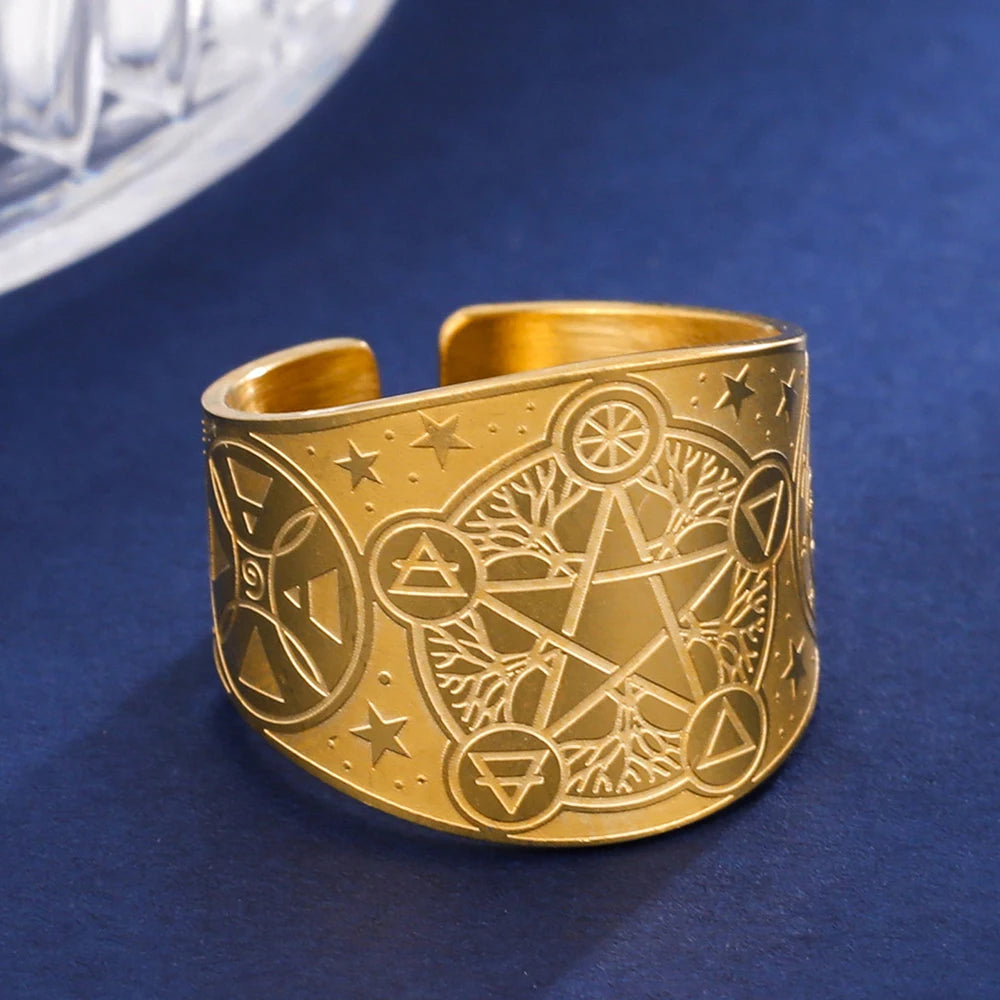 Witchcraft Pentagram Tetragrammaton Ring - Stainless Steel Pentacle Protection Amulet Ring for Men