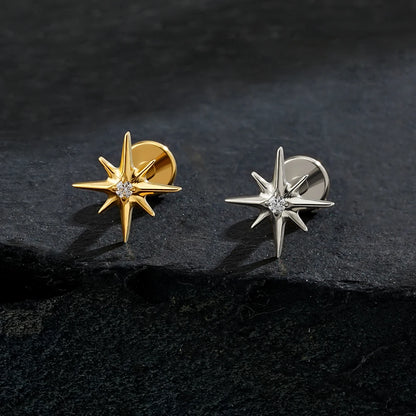Right Grand ASTM F136 Titanium CZ North Star 16G Flat Back Earring – Tiny Starburst Helix, Cartilage & Earlobe Stud Piercing Jewelry