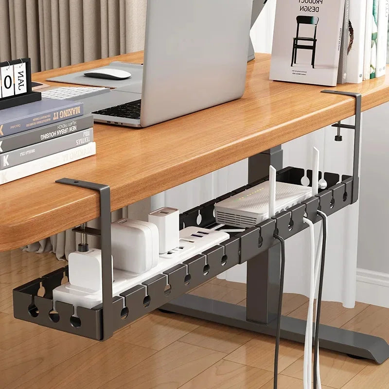 Under Desk Storage Rack – No Drill Metal Cable Management Tray, Retractable Power Strip & Wire Organizer for Home Office Desk Setup