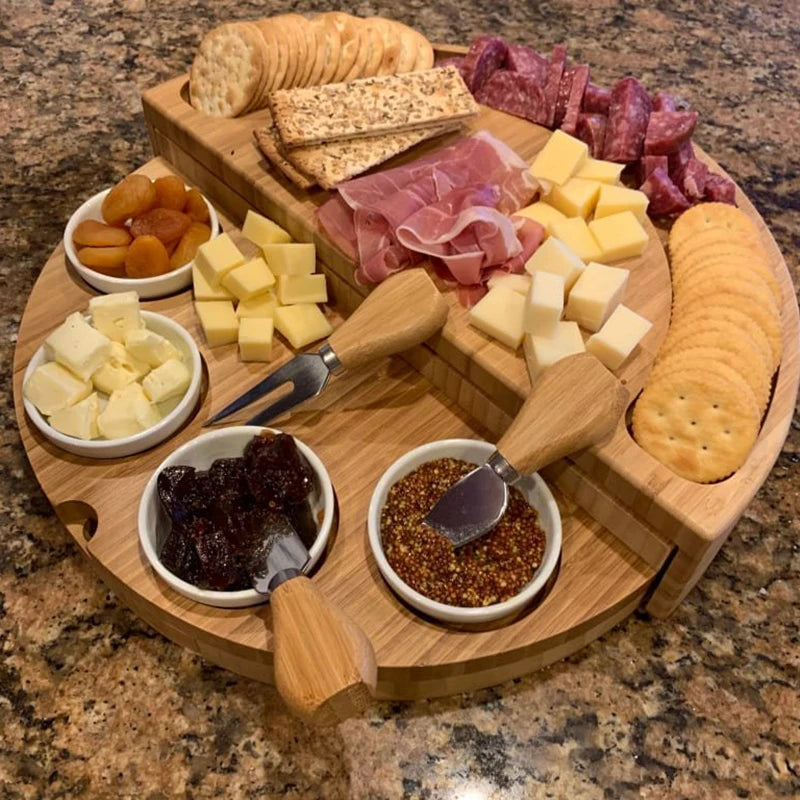 Cheese Board Set with Slide-Out Drawer – Cutlery Cutter, Slicer, Fork, Scoops & Kitchen Storage Tools