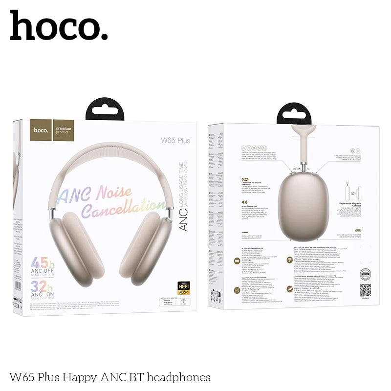 HOCO W65 Plus ANC Bluetooth Headphones – Over-Ear Wireless HiFi Sport Headset with Noise Reduction & Control Button