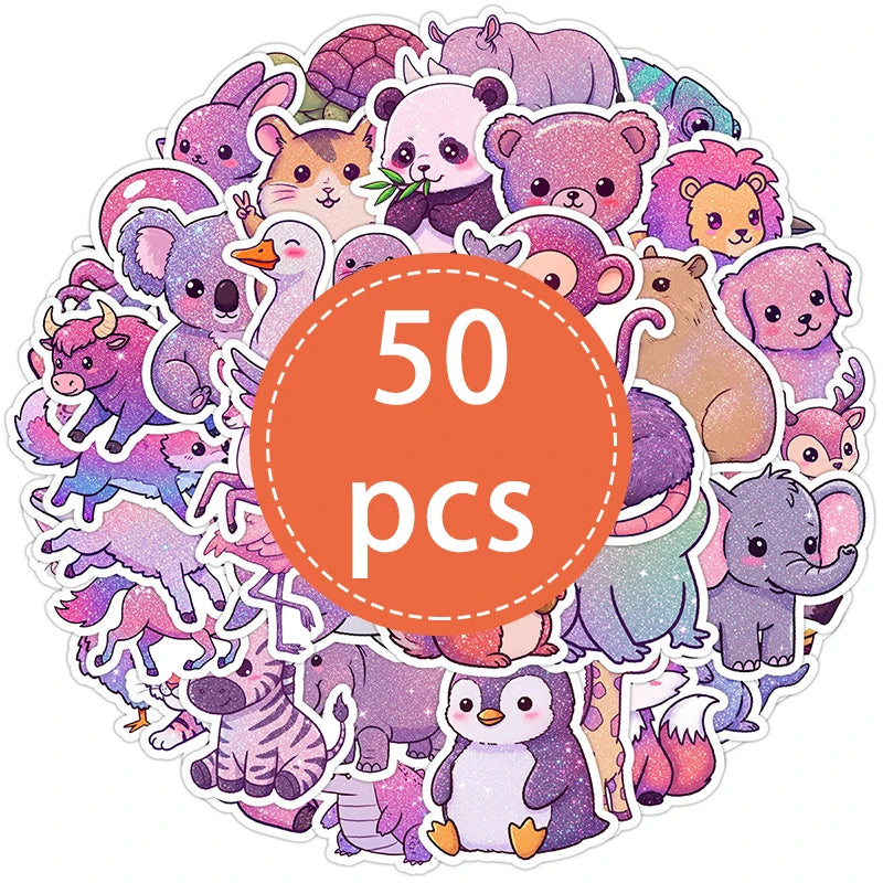 50-Piece Kawaii Animal Sticker Set - Glittery Cartoon, Rainbow, and Starry Sky Waterproof Vinyl Decals for Laptops and Water Bottles