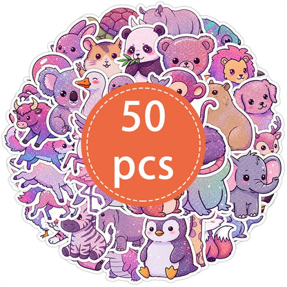 50-Piece Kawaii Animal Sticker Set - Glittery Cartoon, Rainbow, and Starry Sky Waterproof Vinyl Decals for Laptops and Water Bottles