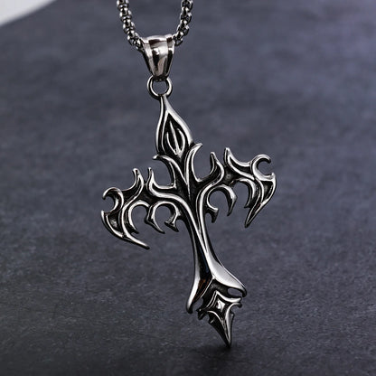 Stainless Steel Flame Cross Pendant Necklace – Retro Titanium Steel Men’s Jewelry