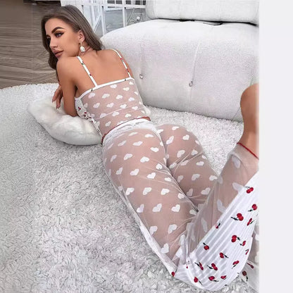 Heart Print Pajama Set - Women's Ribbed Cami Top & Long Lounge Pants