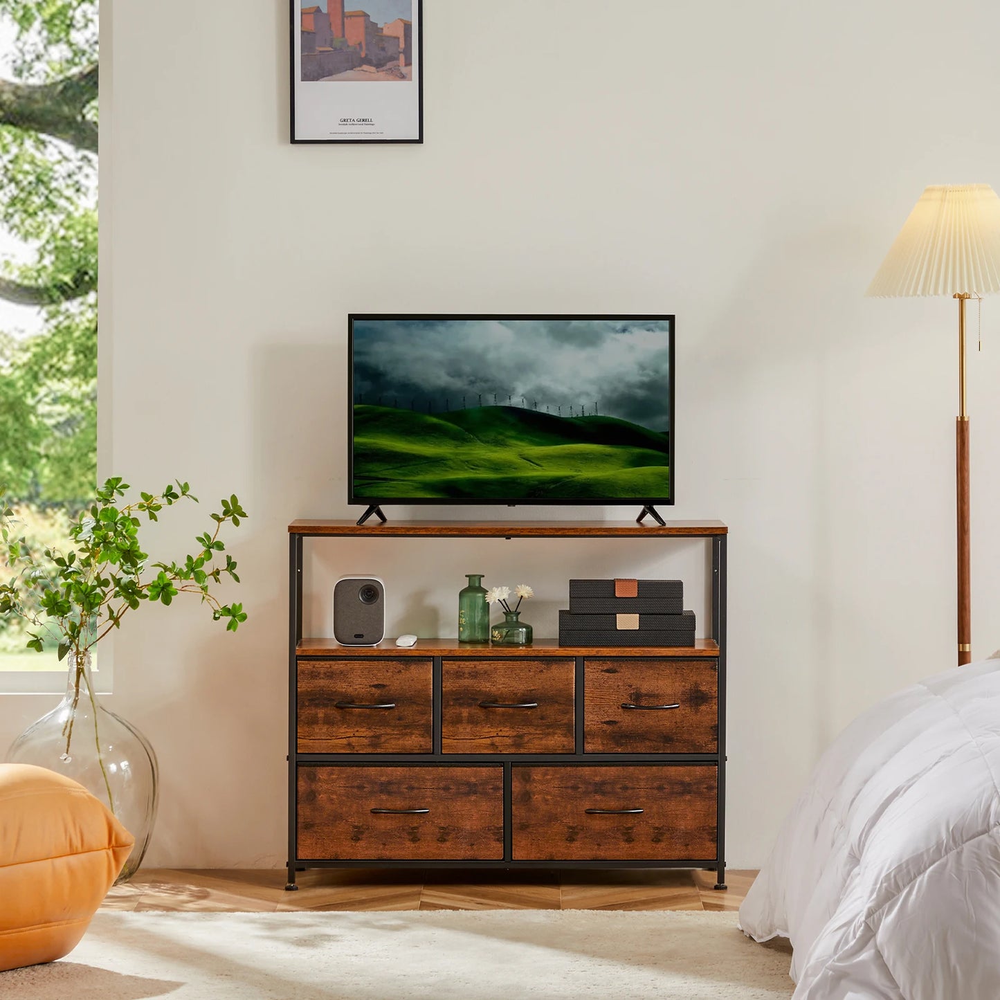 Fireplace TV Stand Dresser — Bedroom Storage Cabinet with 5 Fabric Drawers for Clothes & Display Furniture