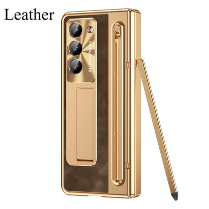 Slim Leather Case with Touch Pen for Samsung Galaxy Z Fold 6/5/W25/4/3 – Plated Hinge & Full Screen Protector Cover
