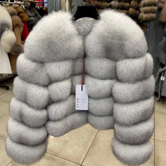 QUEENTINA Women’s Real Fox Fur Coat – Brown Leather & Skin Winter Fashion Outerwear 2025