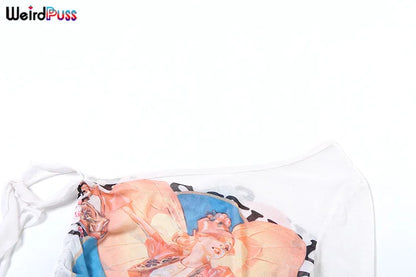 Weird Puss One-Shoulder Crop Top for Women – See-Through Bandage Graphic T-Shirt, Sexy Summer Clubwear 2024