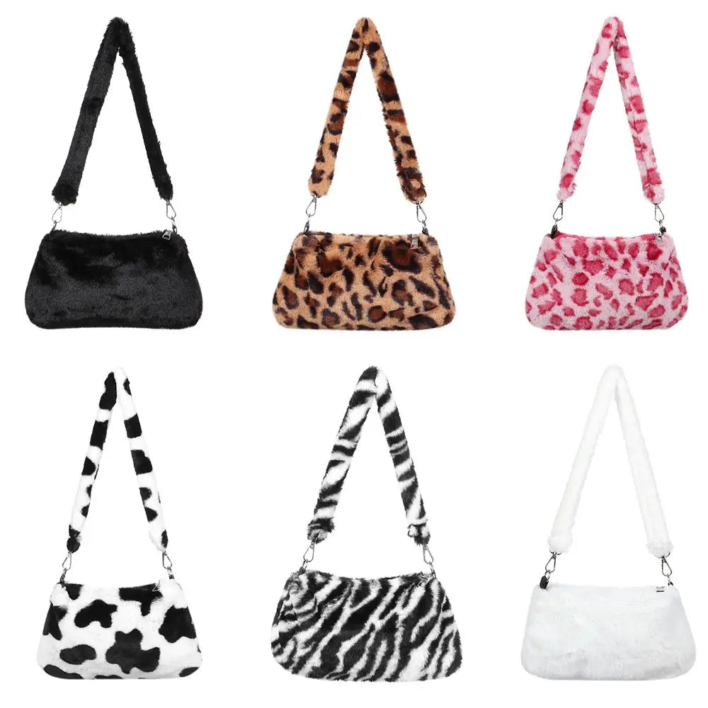 Women’s Leopard Plush Shoulder Bag - Animal Print Underarm Crossbody Messenger Bag for Casual Everyday Style