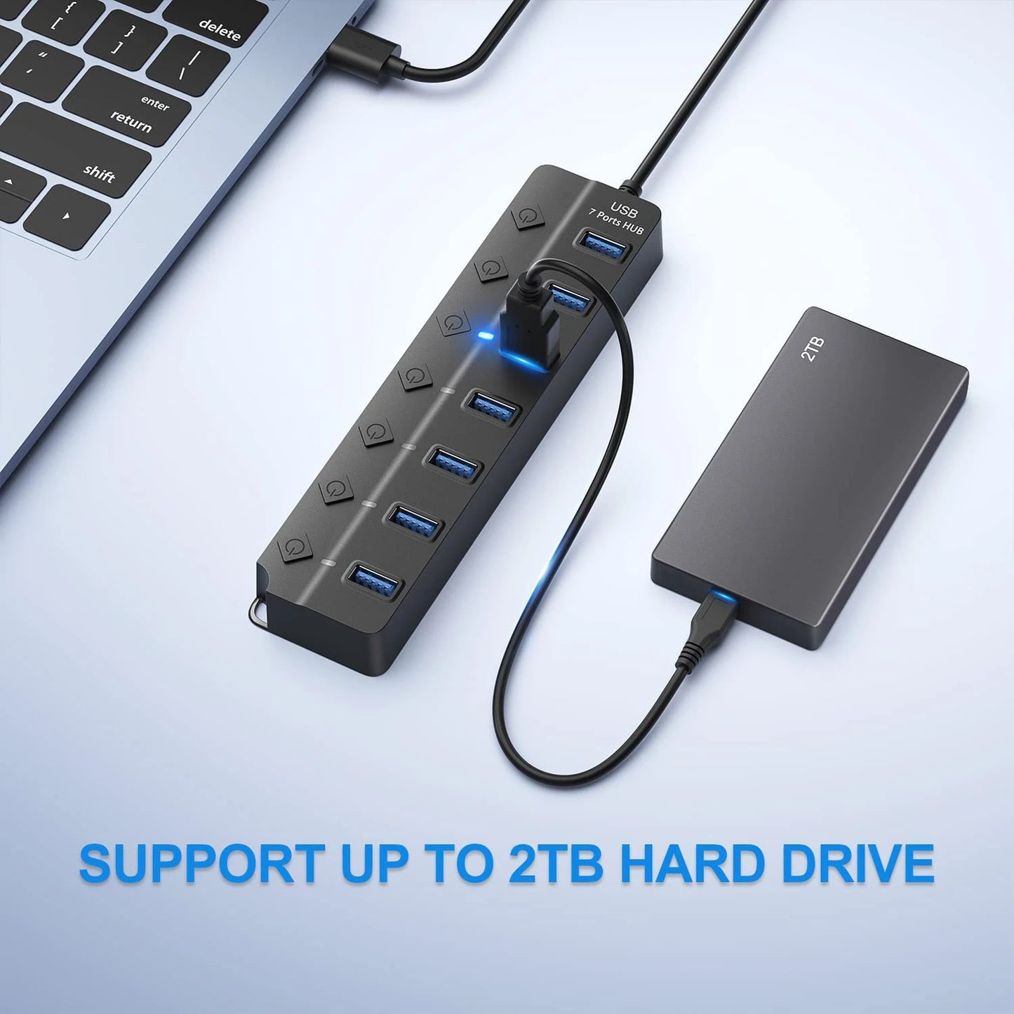 USB 3.0 Hub — 7-Port High-Speed Splitter with Power Adapter, Switch & Long Cable Expander