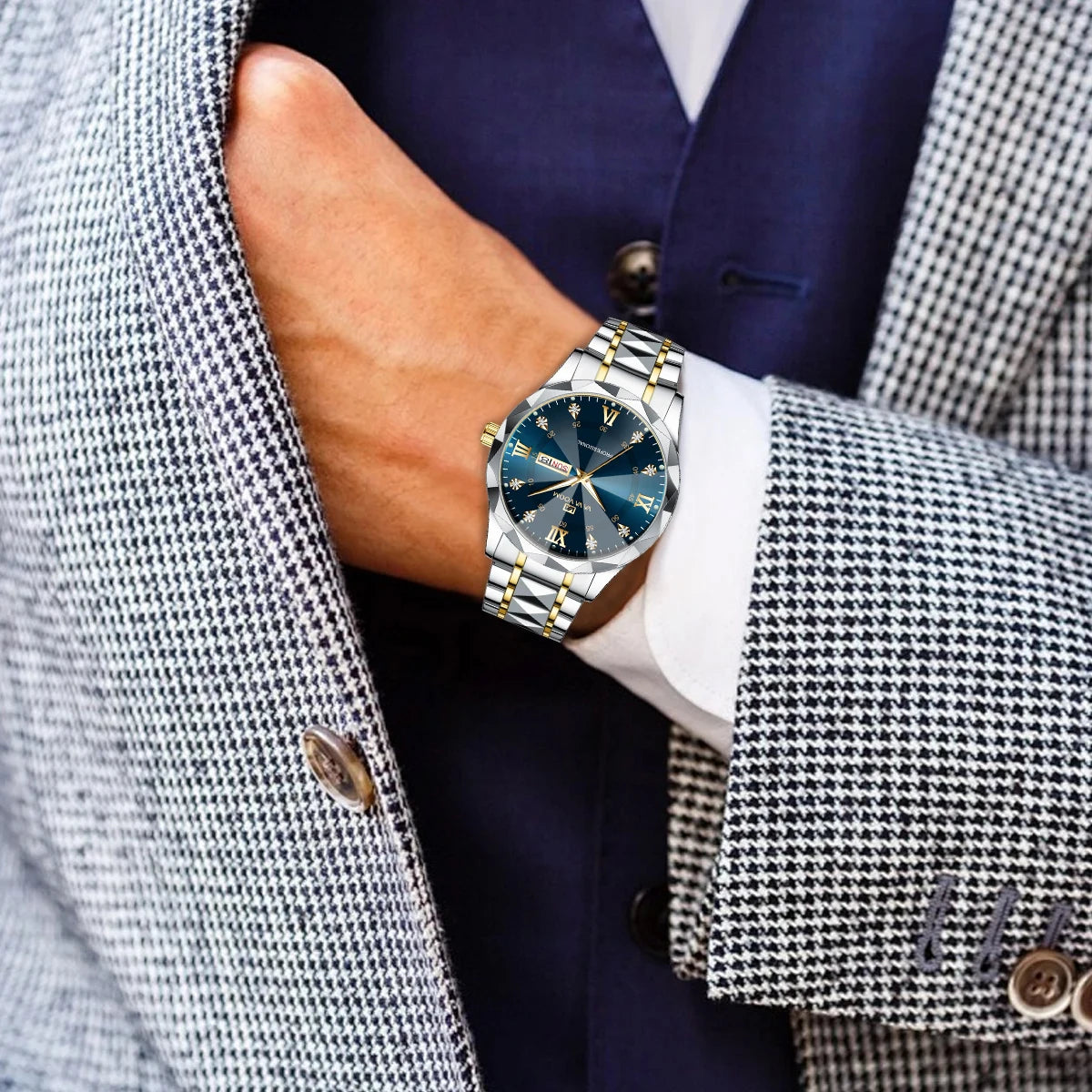 Men's Luxury Water Diamond Watch – Blue & Gold Stainless Steel, Night Glow, Double Calendar Quartz Movement, 41mm Business Fashion Watch