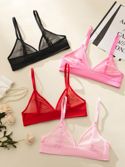 Sheer Mesh Triangle Bra Set - Ultra-Thin Transparent Lingerie with Double Shoulder Straps