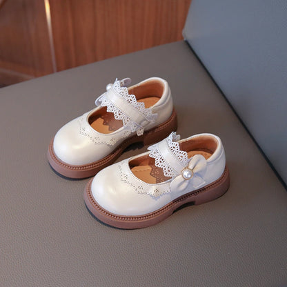 Girls Soft Leather Shoes - Beige Single Shoes with Flexible Bottom, Sizes 23-36