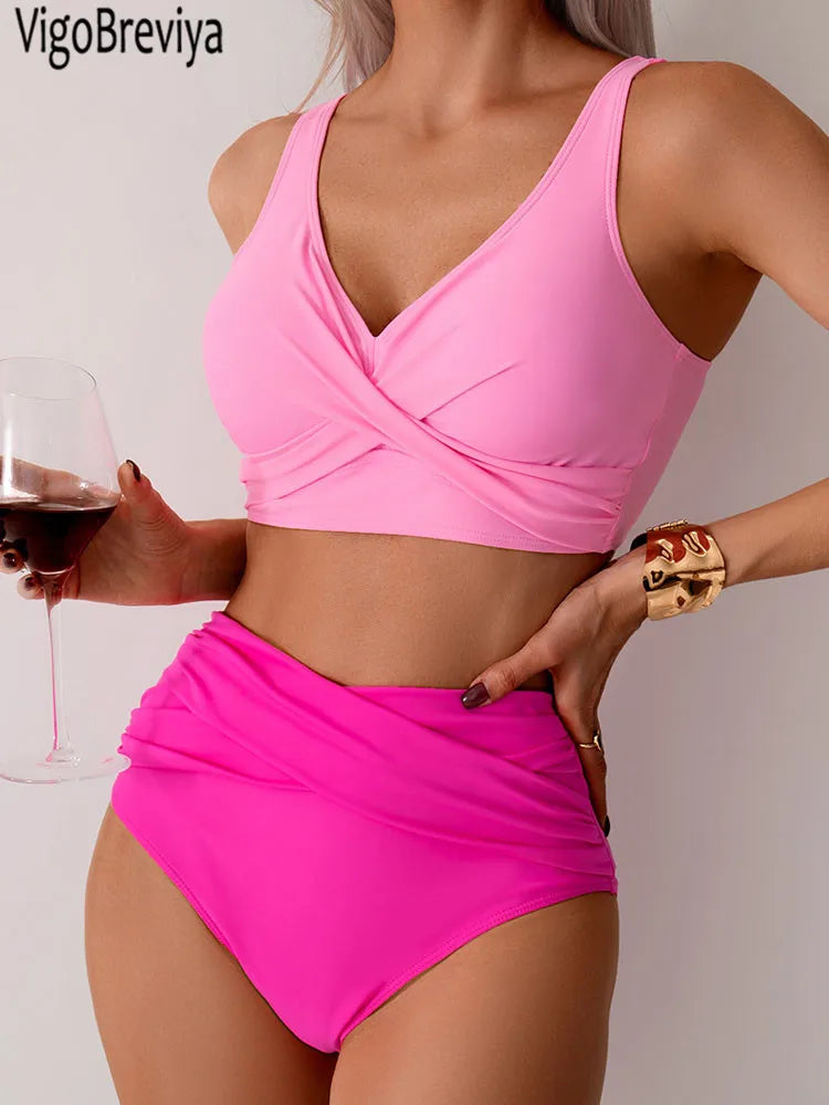 VigoBreviya 2025 Sexy Solid Strapped Bikini Set – Cross Push-Up, High Waist Brazilian Swimsuit for Women, Beach & Bath Wear