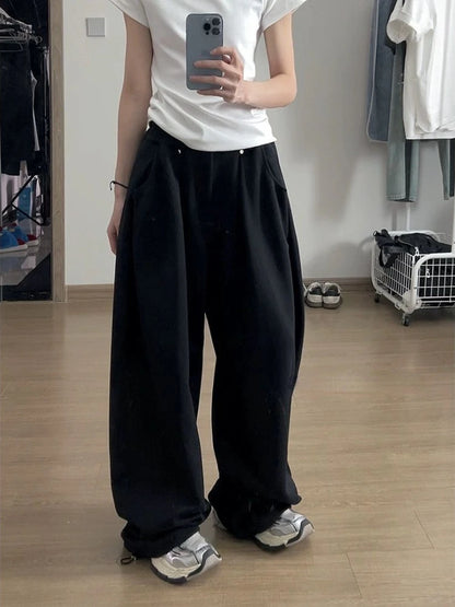 HOUZHOU Vintage Baggy Sweatpants for Women – Y2K Korean Wide-Leg Pants, Zipper Fly, Casual Streetwear, Autumn 2024 Loose Fit