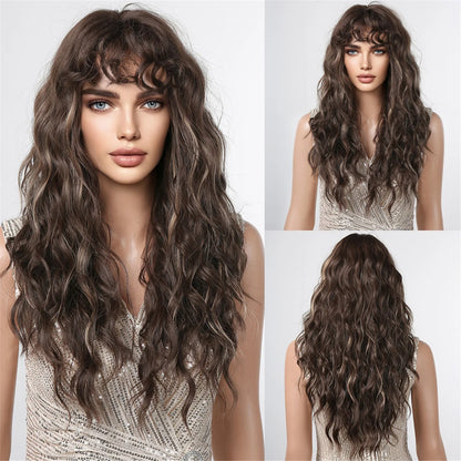 Copper Ginger Red Brown Synthetic Wig – Long Fluffy Wavy Wig with Bangs, Heat-Resistant Cosplay & Daily Wear Hair for Women