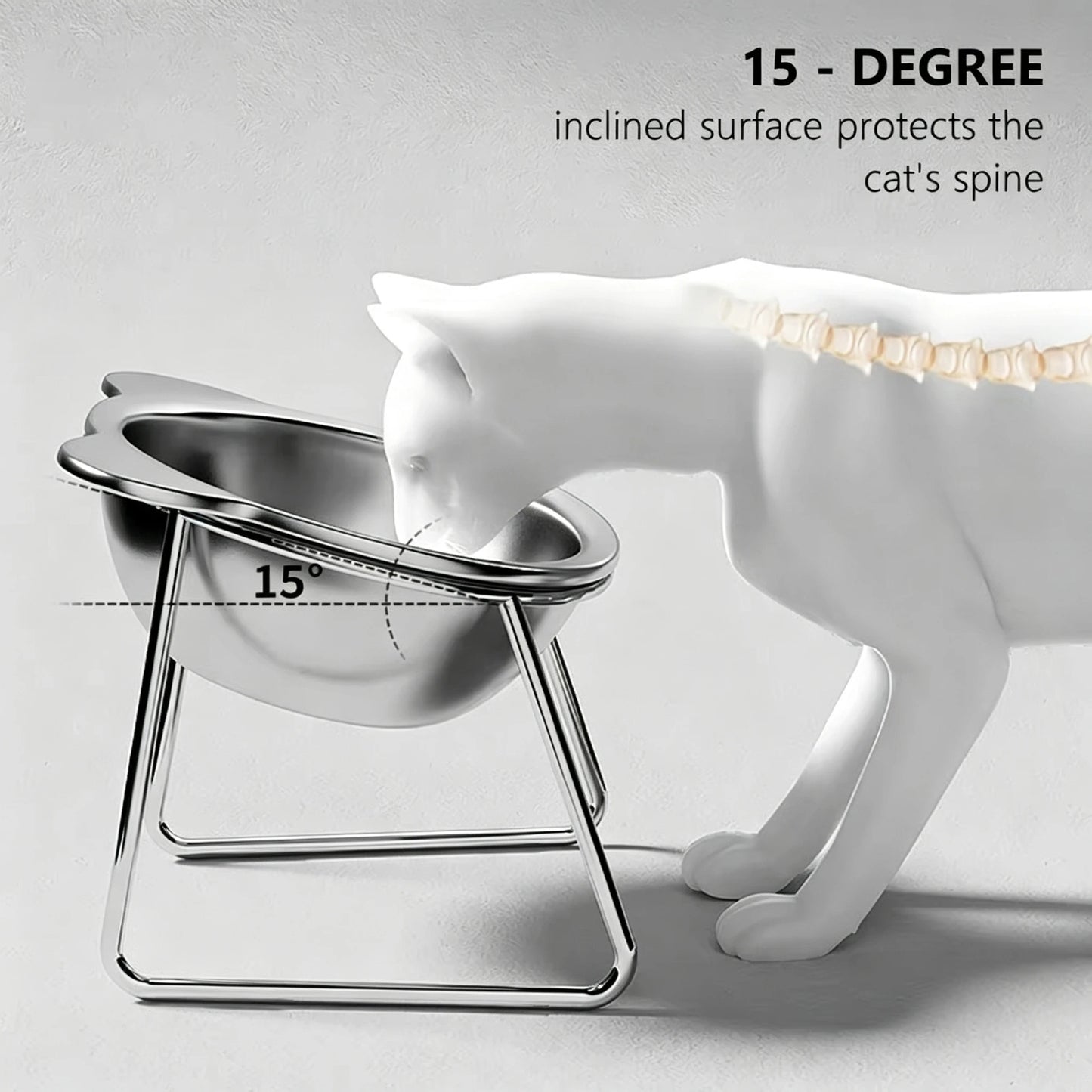 304 Stainless Steel Raised Cat Bowl - 15° Elevated Tilted Design for Cats and Puppies