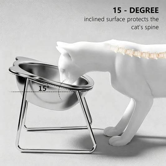 304 Stainless Steel Raised Cat Bowl - 15° Elevated Tilted Design for Cats and Puppies