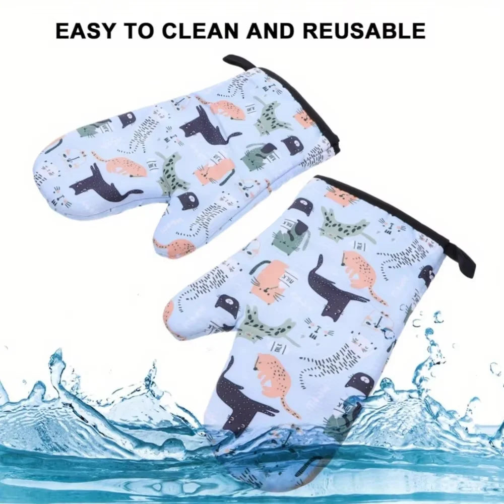 2PCS Cat Print Microwave Oven Mitts – Thickened Heat-Resistant Soft Cotton Gloves for Baking & Kitchen Use