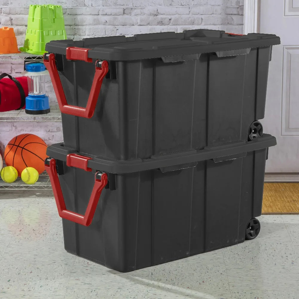 Sterilite 40 Gallon Extra Large Storage Bin - Wheeled Plastic Storage Container with Handle, Black, 2-Pack