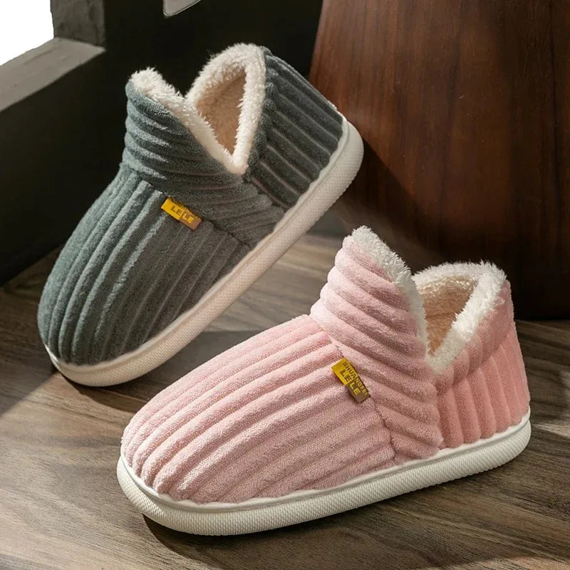 Winter Couple Striped Plush Slippers – Soft Non-Slip Warm Cotton Home Shoes for Men & Women
