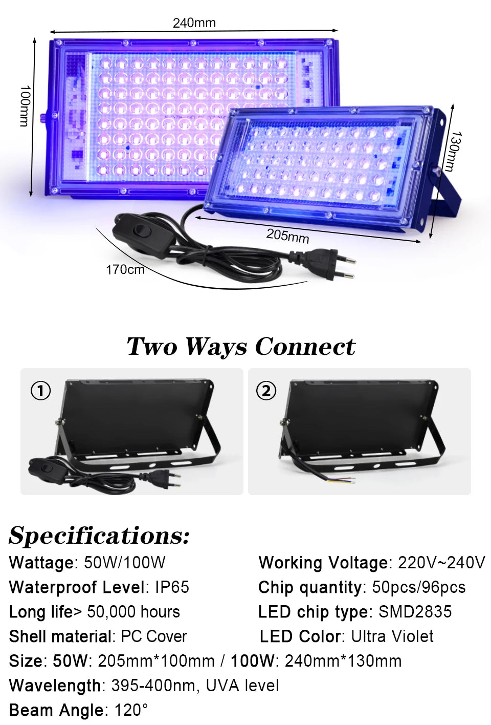 395nm-400nm LED UV Floodlight — 50W/100W 220V Waterproof Ultraviolet Stage Blacklight for Disco & Party