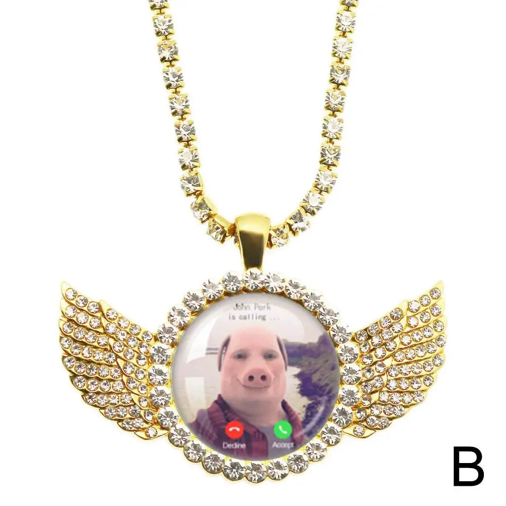 John Pork Calling Necklace - Funny Pig Lover Moon Pendant with Angel Wings Graphic Jewelry Gift