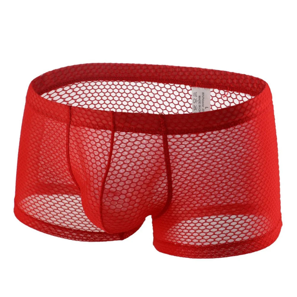 Men's Fishnet Mesh Boxer Shorts - Sexy Hollow Out Low Waist U Pouch Transparent Underwear Trunks Plus Size