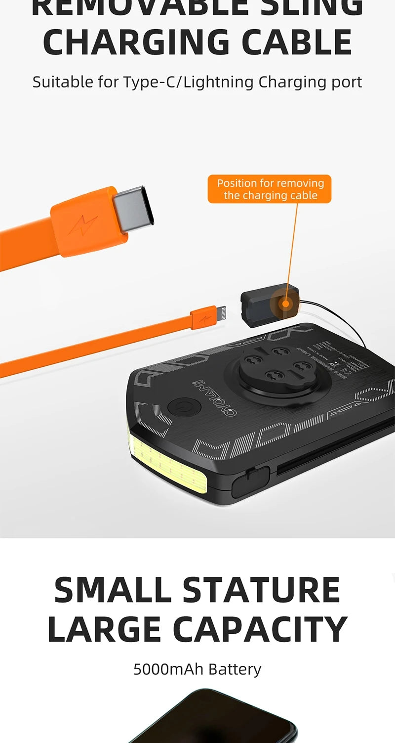 CYCLAMI Bicycle Headlight 5000mAh – Ultralight Rechargeable Front Bike Light for Garmin XOSS Bryton IGS
