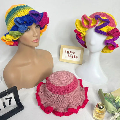 Handmade Crochet Conical Bucket Hat – Ruffled Brim Fisherman Hat for Women, Stylish Sun Protection Cap