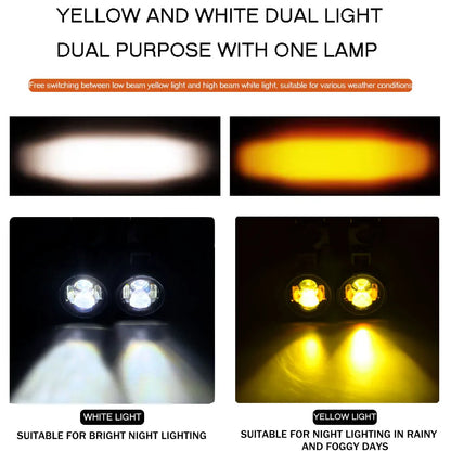 100W Dual Color Motorcycle Headlight Fog Lights - LED Auxiliary Driving Spotlight with Flasher, Pair