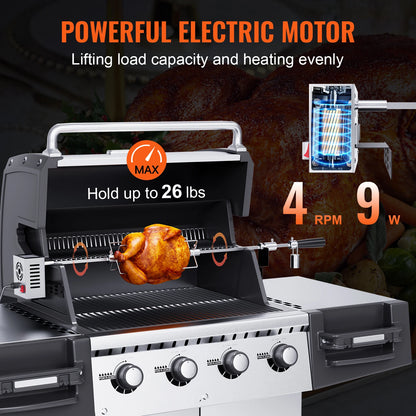 SucceBuy Universal Grill Rotisserie Kit – 9W Motor Stainless Steel Electric BBQ Automatic Grilling Set