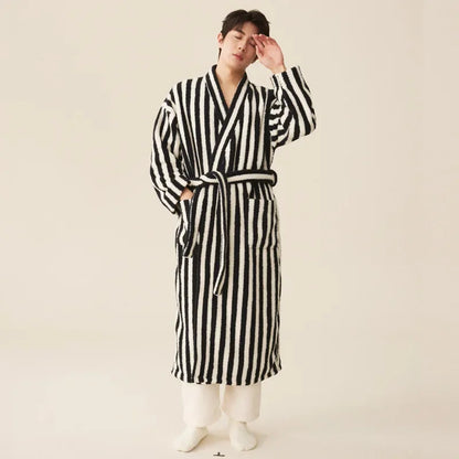 Couple’s Thickened Flannel Pajama Set – Coral Velvet Bathrobe & Striped Pants for Autumn Winter Homewear