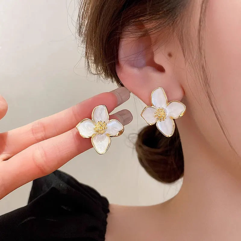Hibiscus Flower Dropped Glaze Stud Earrings — French Vintage 2024 Fashion Jewelry for Women & Girls, Romantic Wedding Gift