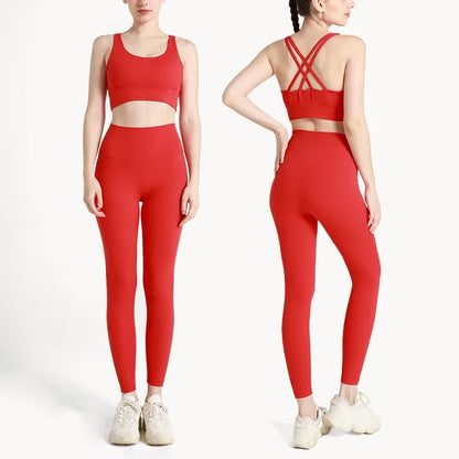 Summer 2 Piece Women's Yoga Tracksuit - Cross-Back Nylon Top and Leggings Athletic Set for Pilates and Fitness