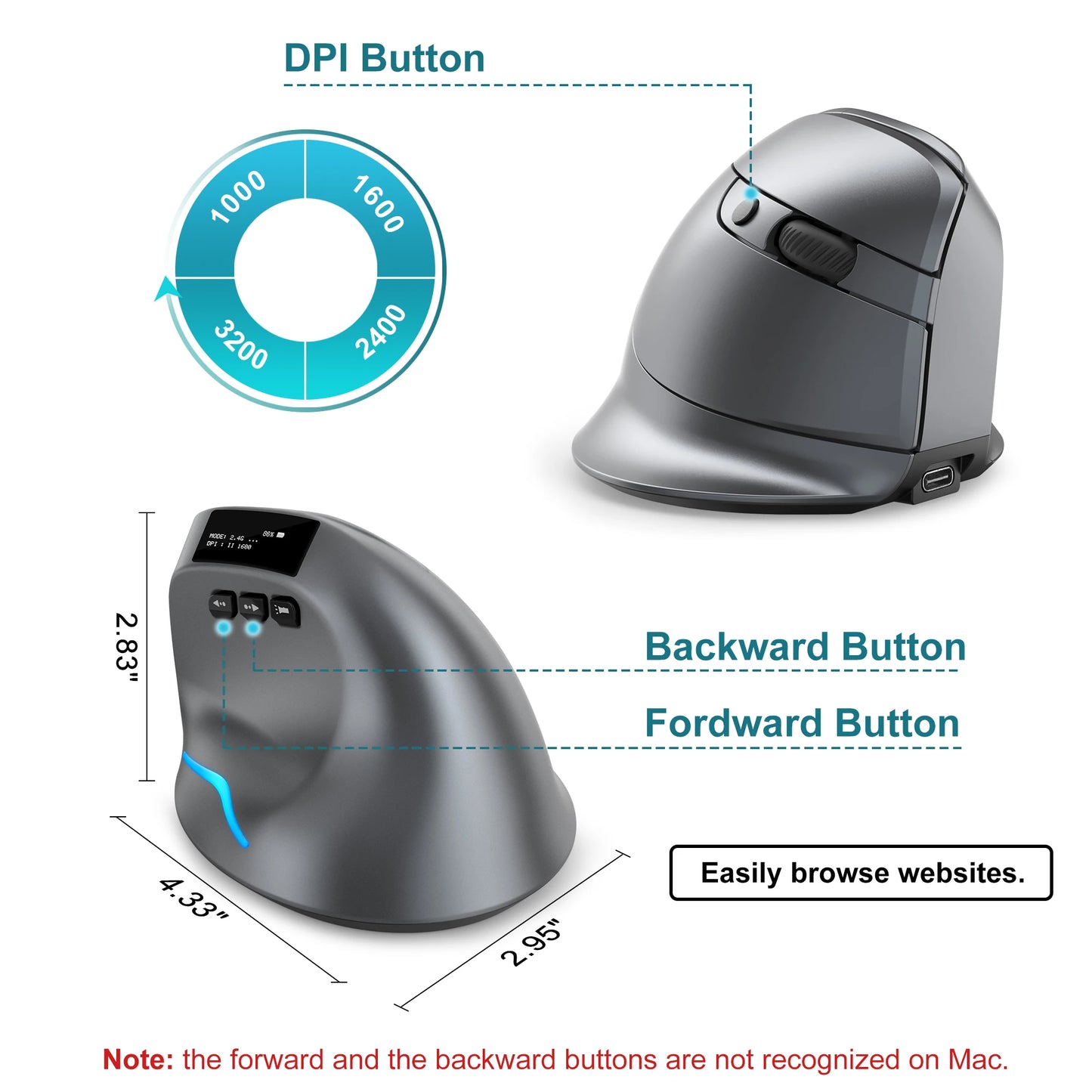 Lefon Bluetooth Vertical Mouse - Wireless Ergonomic Mice with OLED Screen & RGB, USB Optical Rechargeable Mouse for PC Laptop Gaming