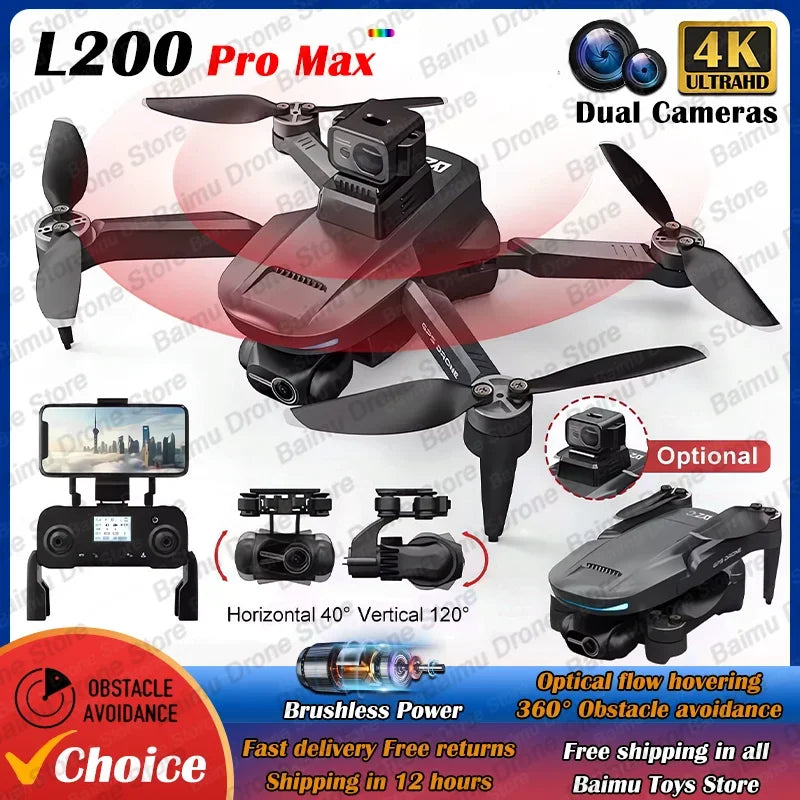 L200 PRO MAX Drone – GPS, Brushless Motor, 4K HD Camera, 2-Axis Gimbal, 360° Obstacle Avoidance FPV RC Quadcopter